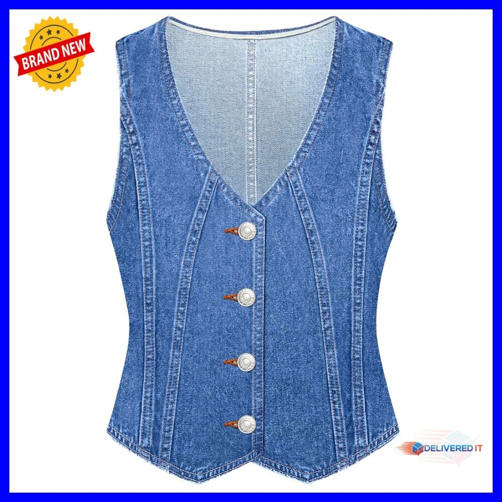 Large Denim Vest V-Neck Button Down Sleeveless Casual Top - Picture 1 of 7